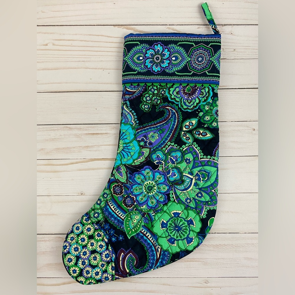 Vera Bradley Christmas Stocking Blue Rhapsody Pocket Jingle Bells - Picture 2 of 5